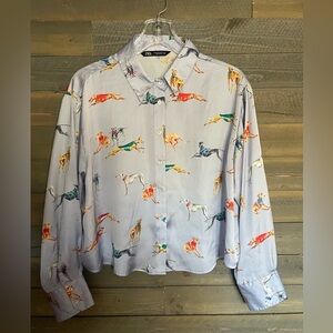 Zara Blue and Red Casual Button Down Shirt with Playful dogs Print
